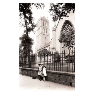 Two Small Girls in front of Old Steeple